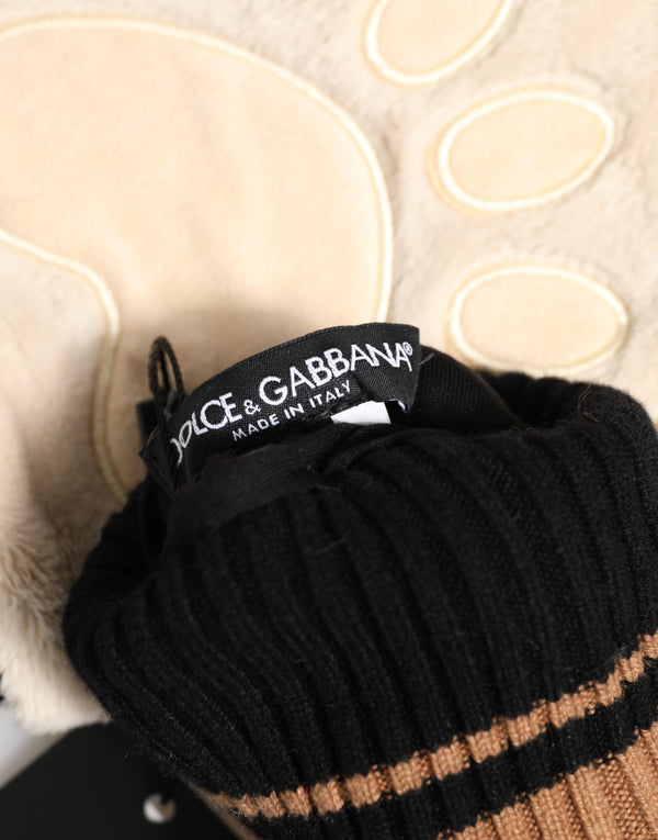 Brown Tiger Knitted Fur Wrist Mitten One Size Gloves