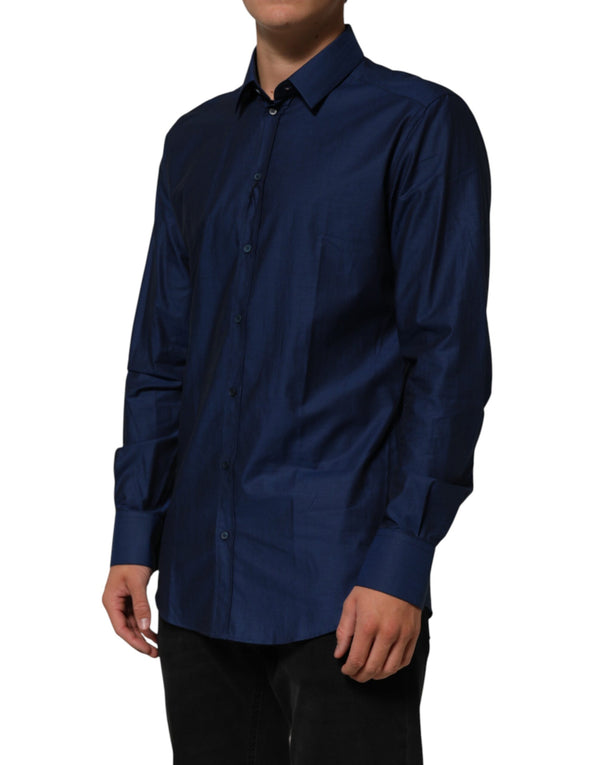 Blue Cotton Collared Men GOLD Dress Shirt