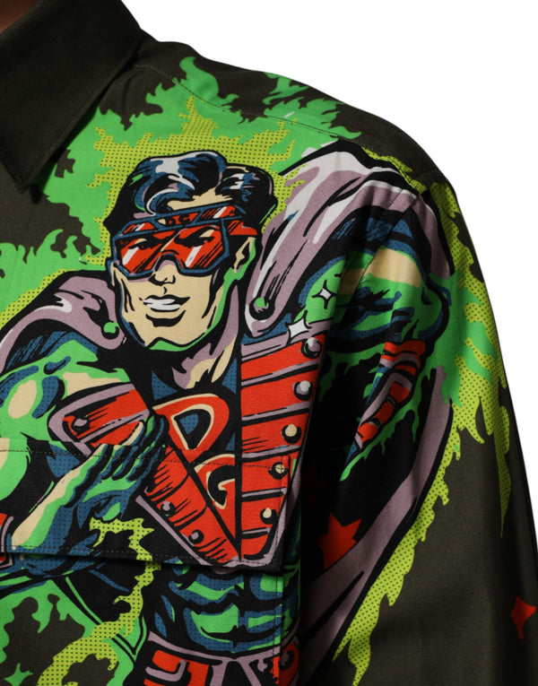 Green Superhero Print Button Down Shirt