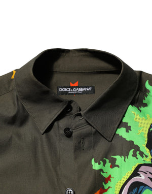 Green Superhero Print Button Down Shirt