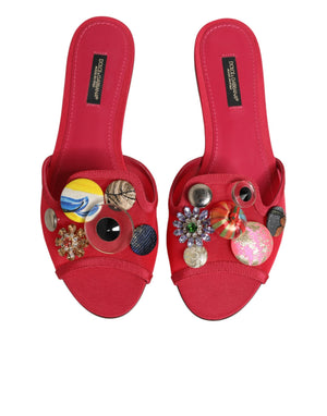 Red Embellished Flats Slip On Sandals Shoes