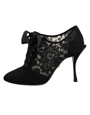 Black Floral High Heels LACE-UPS Pumps Shoes