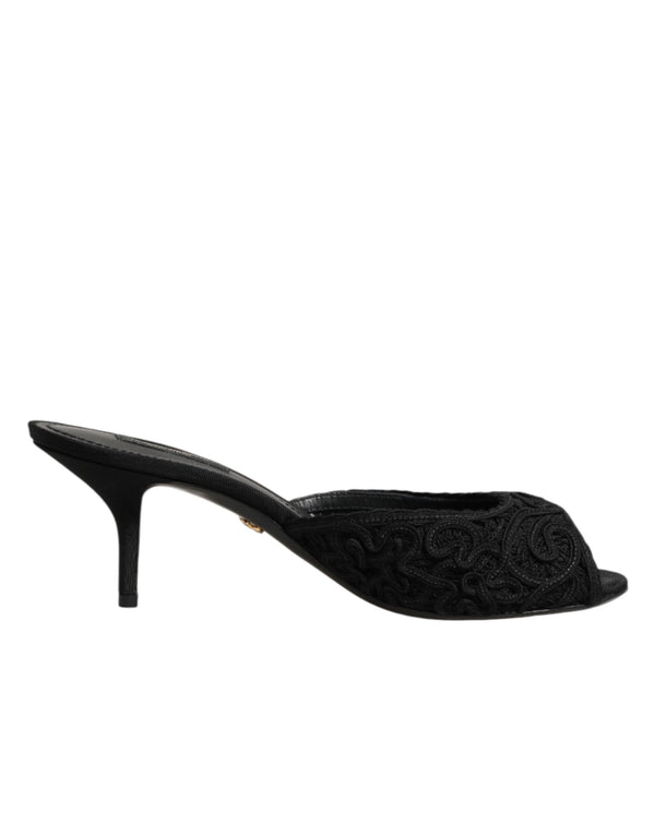 Black Embroidered Slip On Heels Slides Shoes