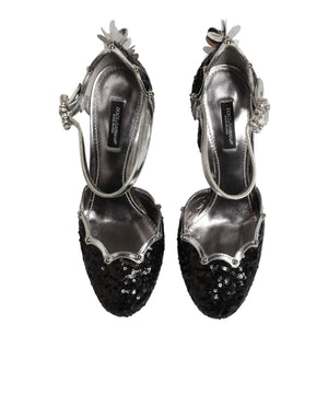 Black Sequined Ankle Strap Sandals Shoes