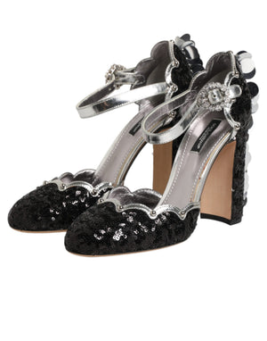 Black Sequined Ankle Strap Sandals Shoes