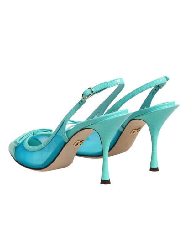 Blue Leather Mesh Heels Slingback Shoes