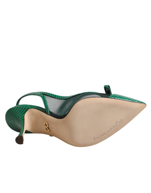 Green Leather Mesh Heels Slingback  Shoes