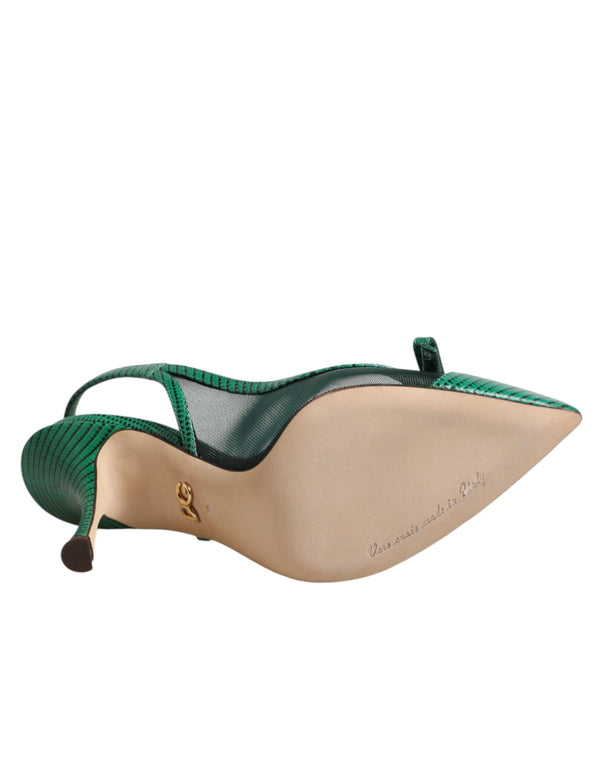 Green Leather Mesh Heels Slingback  Shoes