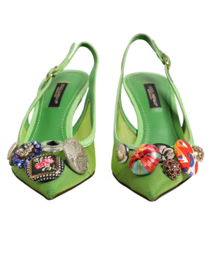 Green Embellished Heels Slingbacks Shoes