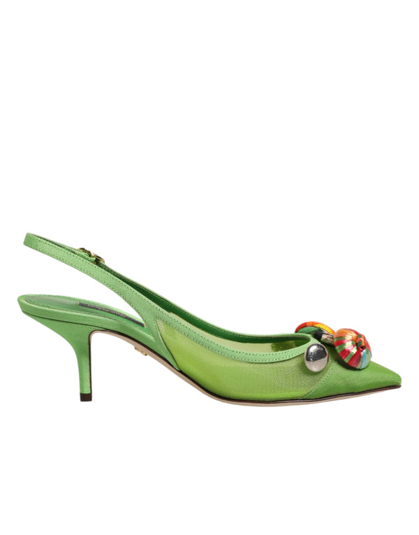 Green Embellished Heels Slingbacks Shoes