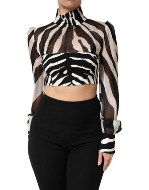 Zebra Print Chiffon Paneled Crop Blouse Top