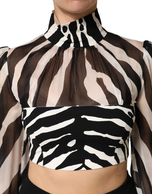 Zebra Print Chiffon Paneled Crop Blouse Top