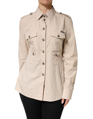 Beige Collared Long Sleeve Cotton Shirt Top