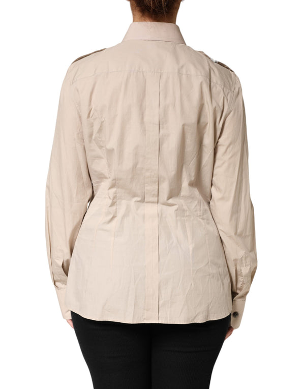 Beige Collared Long Sleeve Cotton Shirt Top