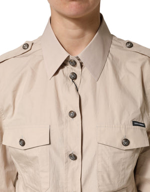 Beige Collared Long Sleeve Cotton Shirt Top