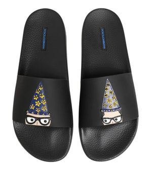 Black Leather Slides Sandals Beachwear Shoes