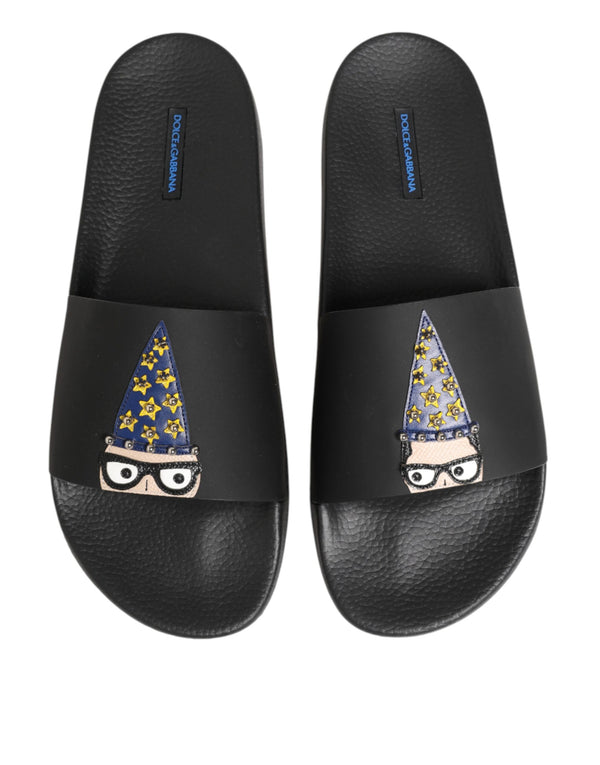 Black Leather Slides Sandals Beachwear Shoes