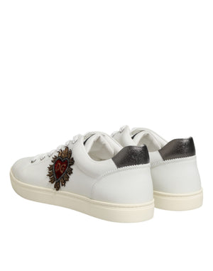White Leather Heart Embellished Sneakers Shoes
