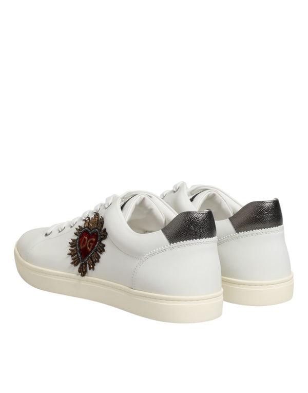 White Leather Heart Embellished Sneakers Shoes