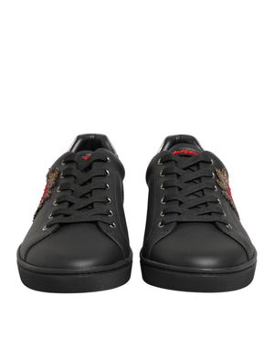 Black Leather Heart Embellished Sneakers Shoes