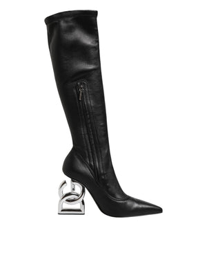 Black Leather DG Logo Knee High Boots Shoes