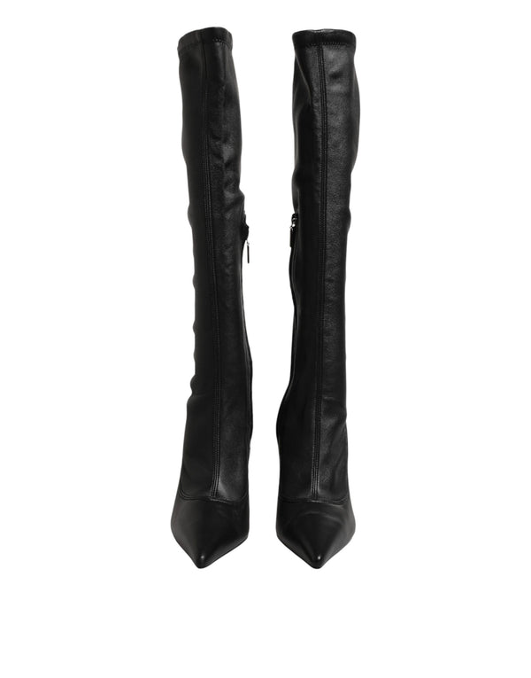 Black Leather DG Logo Knee High Boots Shoes