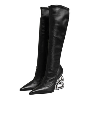 Black Leather DG Logo Knee High Boots Shoes