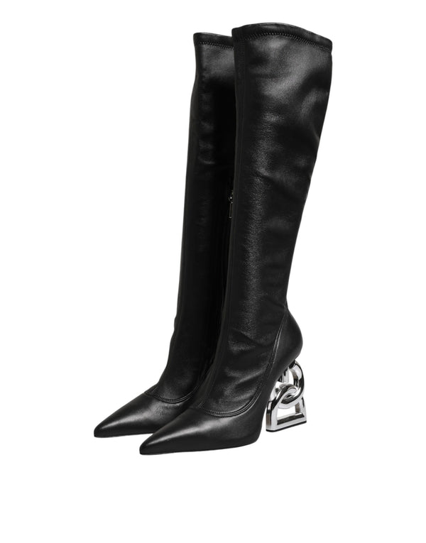 Black Leather DG Logo Knee High Boots Shoes