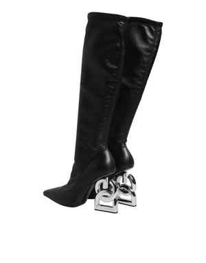 Black Leather DG Logo Knee High Boots Shoes