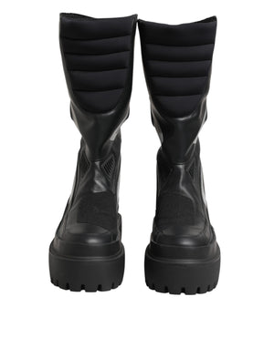 Black Leather Mid Calf Biker Boots Shoes