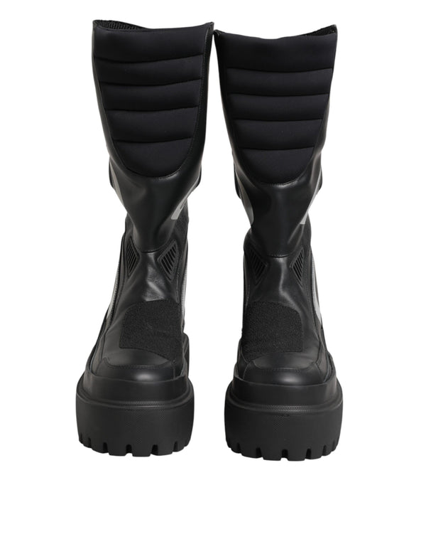 Black Leather Mid Calf Biker Boots Shoes