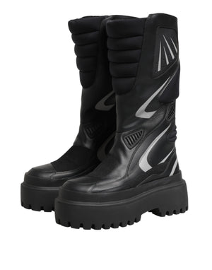 Black Leather Mid Calf Biker Boots Shoes
