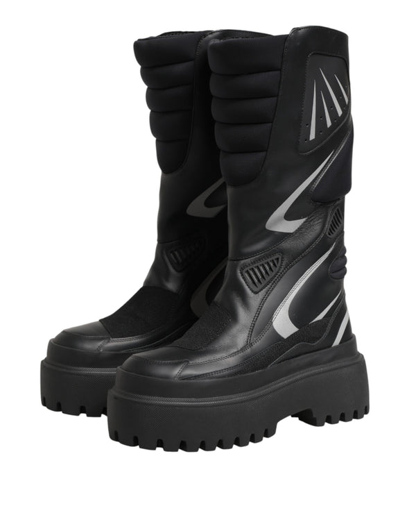 Black Leather Mid Calf Biker Boots Shoes