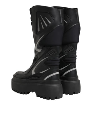 Black Leather Mid Calf Biker Boots Shoes
