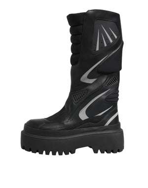 Black Leather Mid Calf Biker Boots Shoes