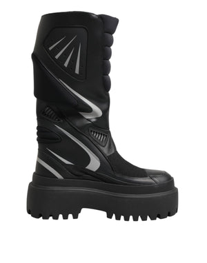 Black Leather Mid Calf Biker Boots Shoes