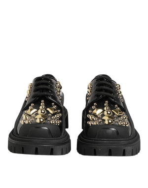 Black Leather Jeweled Crystals Derby Shoes