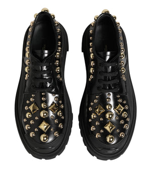 Black Leather Jeweled Crystals Derby Shoes
