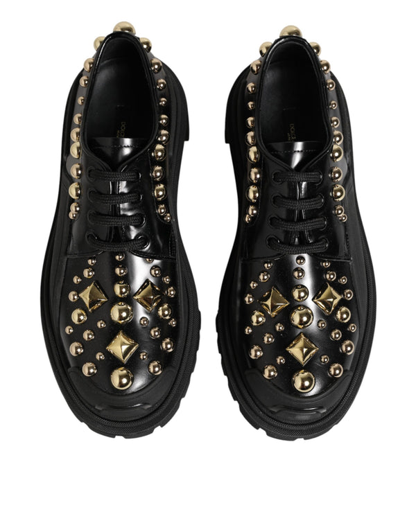 Black Leather Jeweled Crystals Derby Shoes