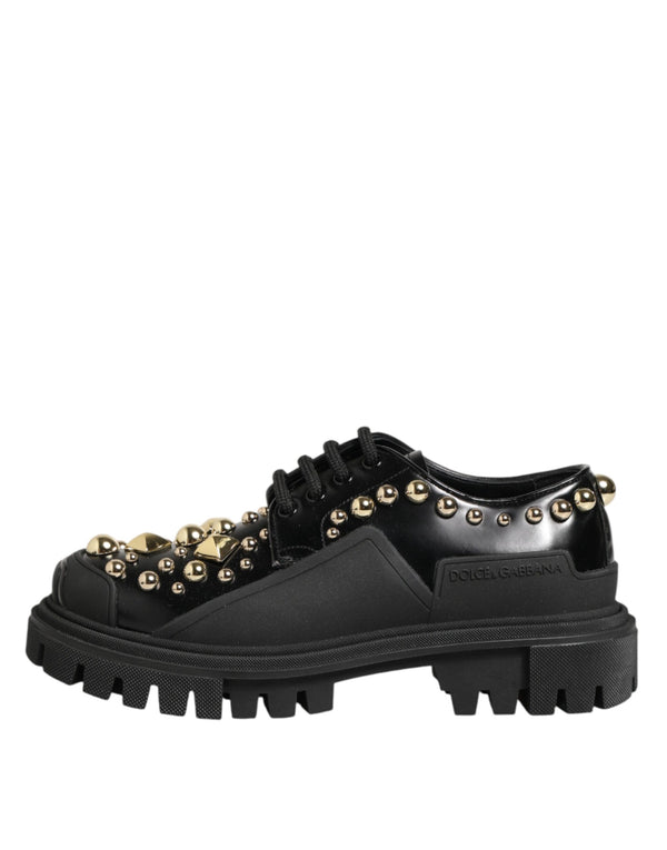 Black Leather Jeweled Crystals Derby Shoes