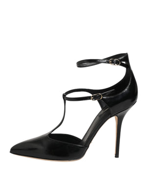 Black Leather T-STRAPS Heels Sandals Shoes