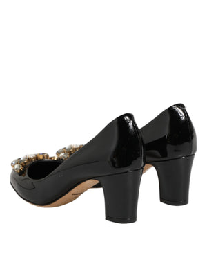 Black Leather Crystals Heels Pumps Shoes