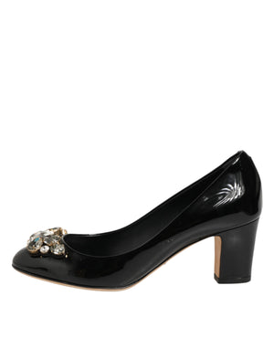 Black Leather Crystals Heels Pumps Shoes
