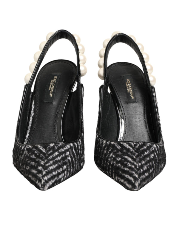 White Black Chevron Faux Pearl Slingbacks Shoes