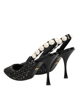 White Black Chevron Faux Pearl Slingbacks Shoes