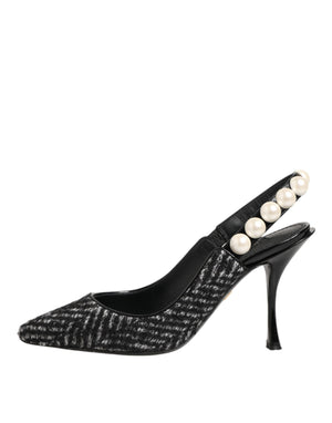 White Black Chevron Faux Pearl Slingbacks Shoes