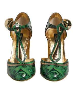 Green Leather T-STRAPS Heels Sandals Shoes
