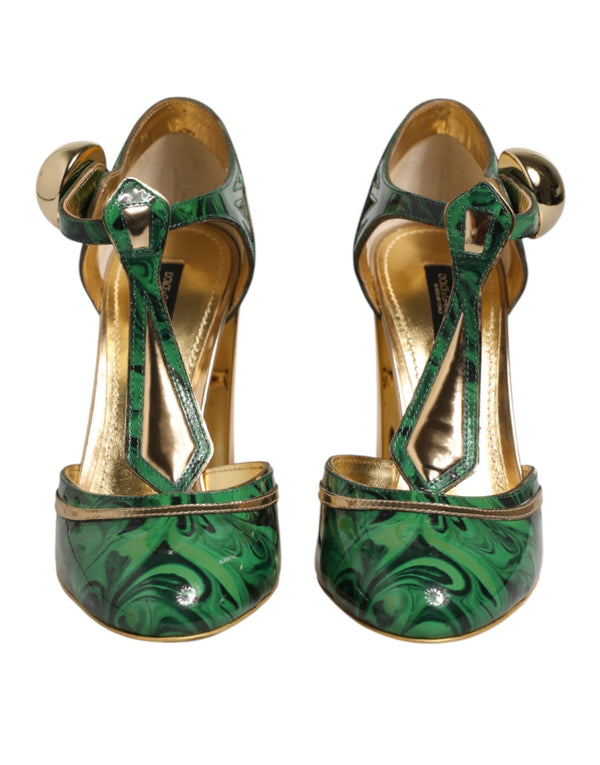 Green Leather T-STRAPS Heels Sandals Shoes