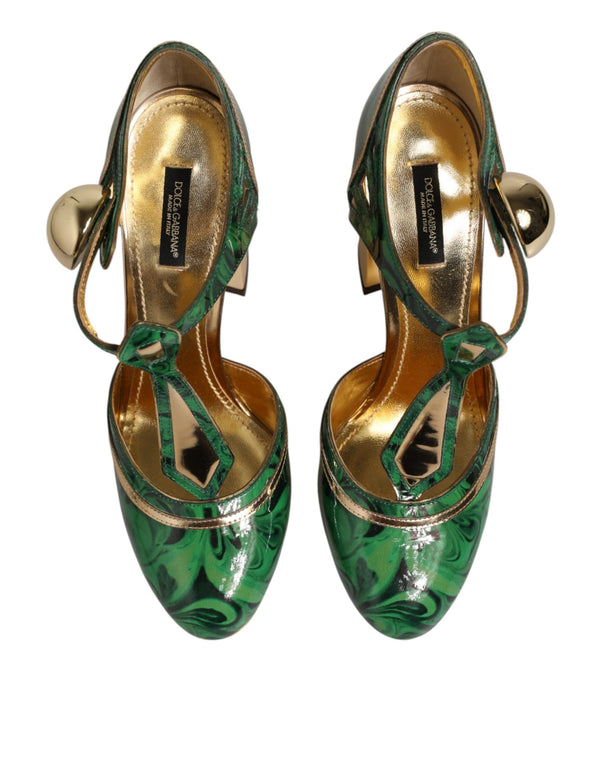 Green Leather T-STRAPS Heels Sandals Shoes