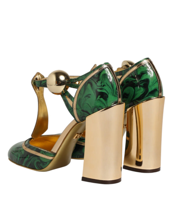 Green Leather T-STRAPS Heels Sandals Shoes